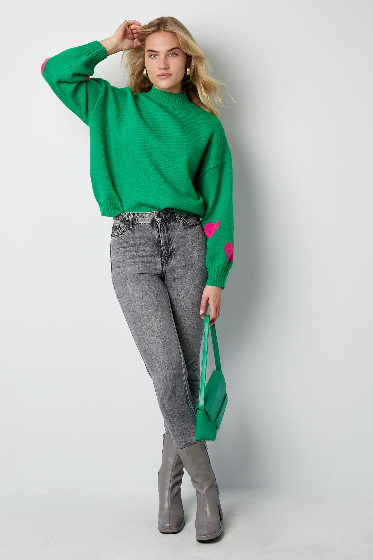 Gebreide Wolmix Vrouwen Oversized Trui Hart Appliqué Ontwerp