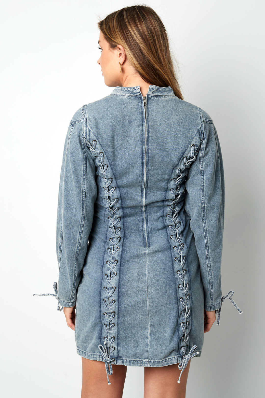 Cotton Woven Denim Dress Elegant Tie-up Solid Color