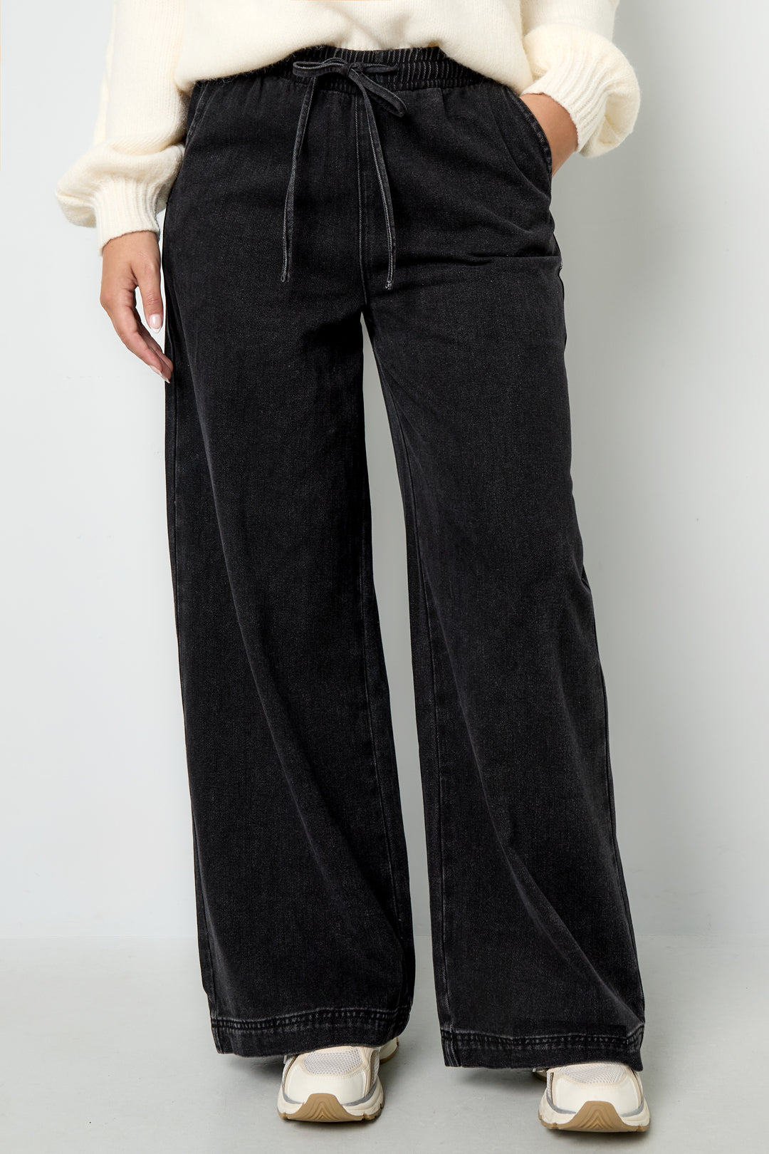 Geweven Katoen Vrouwen Wide Leg Jeans Sporty Solide Kleur
